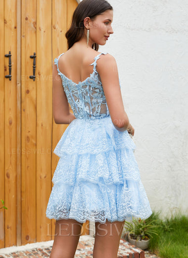A-line/Princess Lace V-neck Sleeveless 2023 Short Blue Homecoming Dresses With Appliques LSWHC135663