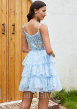 A-line/Princess Lace V-neck Sleeveless 2023 Short Blue Homecoming Dresses With Appliques LSWHC135663