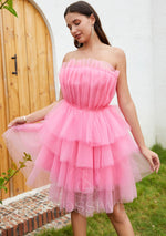 Strapless 2023 A-line Layers Tulle Sleeveless Short/Mini Pink Homecoming Dresses LSWHC135664