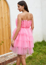 Strapless 2023 A-line Layers Tulle Sleeveless Short/Mini Pink Homecoming Dresses LSWHC135664