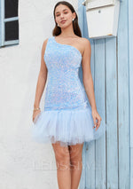 Sequins Sheath/Column 2023 One Shoulder Sleeveless Blue Short Homecoming Dresses LSWHC135666