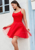 Red 2023 A-line Tulle Spagehetti Straps Sleeveless Short/Mini Homecoming Dresses LSWHC135669