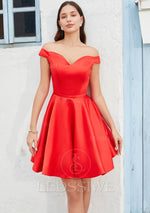 2023 Off the Shoulder A-line Satin Sleeveless Short/Mini Red Homecoming Dresses LSWHC135671