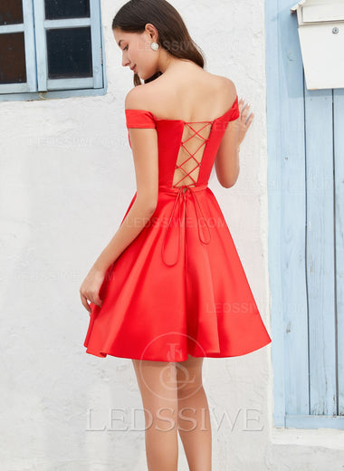 2023 Off the Shoulder A-line Satin Sleeveless Short/Mini Red Homecoming Dresses LSWHC135671