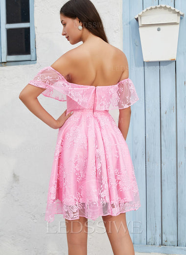 A-line/Princess 2023 Lace Sleeveless Off the Shoulder Pink Mini Homecoming Dresses LSWHC135672