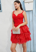 Ball Gown V-neck Lace Sleeveless 2023 Short/Mini Red Homecoming Dresses LSWHC135673