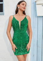 Sleeveless Sequins Sheath/Column V-neck Short/Mini Green Homecoming Dresses LSWHC135674