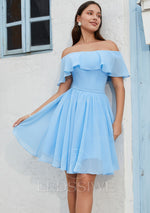 A-line/Princess Chiffon Off the Shoulder Sleeveless 2023 Blue Short Homecoming Dresses LSWHC135676