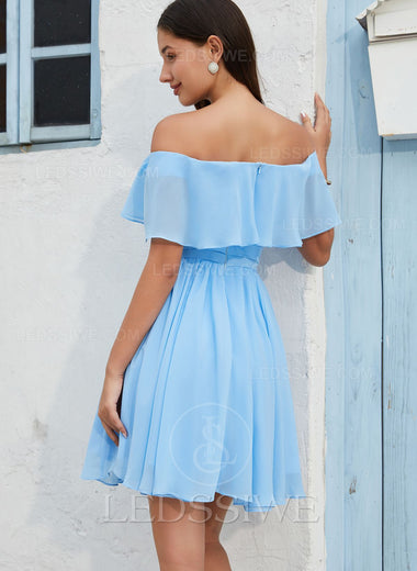A-line/Princess Chiffon Off the Shoulder Sleeveless 2023 Blue Short Homecoming Dresses LSWHC135676