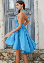 A-line/Princess Deep V-neck Satin 2023 Sleeveless Blue Short/Mini Homecoming Dresses LSWHC135679