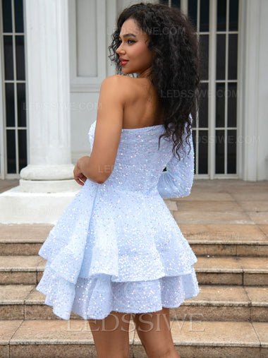 Long Sleeves One Shoulder 2023 Ball Gown Sequins White Short Homecoming Dresses LSWHC135671