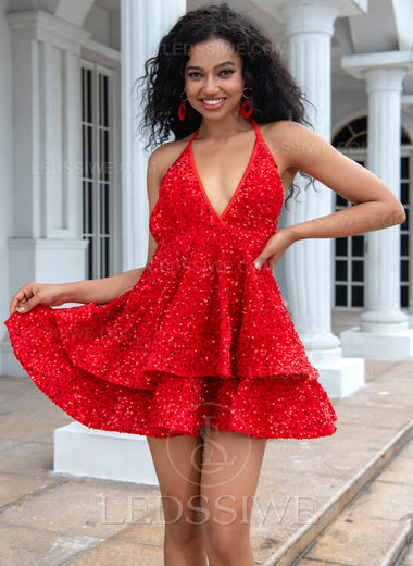 2023 Halter Ball Gown Sequins Sleeveless Short/Mini Red Homecoming Dresses LSWHC135672