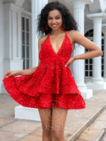 2023 Halter Ball Gown Sequins Sleeveless Short/Mini Red Homecoming Dresses LSWHC135672