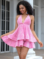 Pink Sequins 2023 Ball Gown Sleeveless Halter Short/Mini Homecoming Dresses LSWHC135674