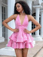 Pink Sequins 2023 Ball Gown Sleeveless Halter Short/Mini Homecoming Dresses LSWHC135674