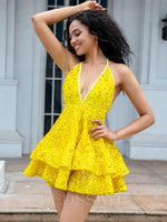 Sequins Ball Gown V-neck Sleeveless 2023 Short/Mini Daffodil Homecoming Dresses LSWHC135675