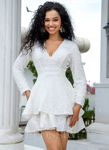 Long Sleeves 2023 Sequins Ball Gown Short/Mini V-neck White Homecoming Dresses LSWHC135675