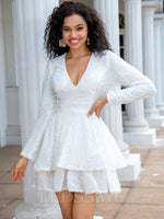 Long Sleeves 2023 Sequins Ball Gown Short/Mini V-neck White Homecoming Dresses LSWHC135675