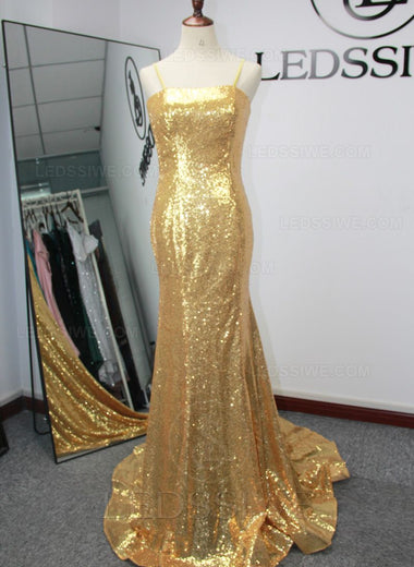 Spaghetti Straps Column Gold Sequins Brush Train Evening Dresses/Prom Dresses LSWPD135623