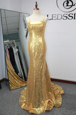 Spaghetti Straps Column Gold Sequins Brush Train Evening Dresses/Prom Dresses LSWPD135623