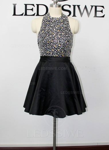Beads Halter A-line/Princess Satin Sleeveless Black Short Homecoming Dresses LSWHC135639