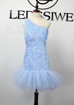 Sequins Column One Shoulder Sleeveless Short/Mini Blue Homecoming Dresses LSWHC135646