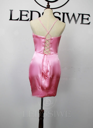 Column Silk Like Satin V-neck Sleeveless Short Pink Homecoming Dresses LSWHC135648