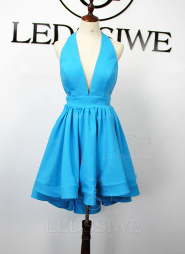 Deep V-neck A-line Satin Sleeveless Backless Blue Mini Homecoming Dresses LSWHC135653
