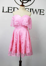 Off the Shoulder A-line/Princess Lace Short/Mini Pink Homecoming Dresses LSWHC135654