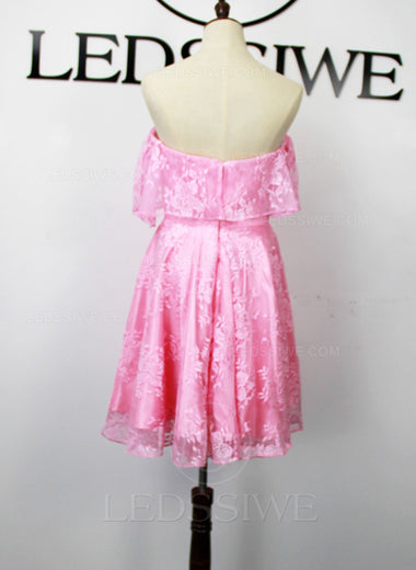 Off the Shoulder A-line/Princess Lace Short/Mini Pink Homecoming Dresses LSWHC135654