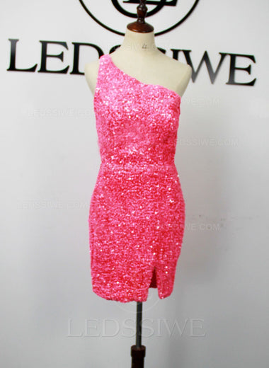 Pink Sequins Column One Shoulder Sleeveless Short/Mini Homecoming Dresses LSWHC135655