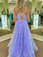 Spaghetti Straps Tulle A-line Sweep Train Appliques Prom Dresses LSW113430