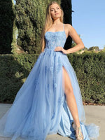 A-Line Tulle Appliques Sweep Train Spaghetti Straps Sleeveless Prom Dresses LSW113434