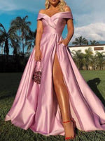 Silk Like Satin Off the Shoulder Sleeveless Sweep Train A-line Prom Dresses LSW113418